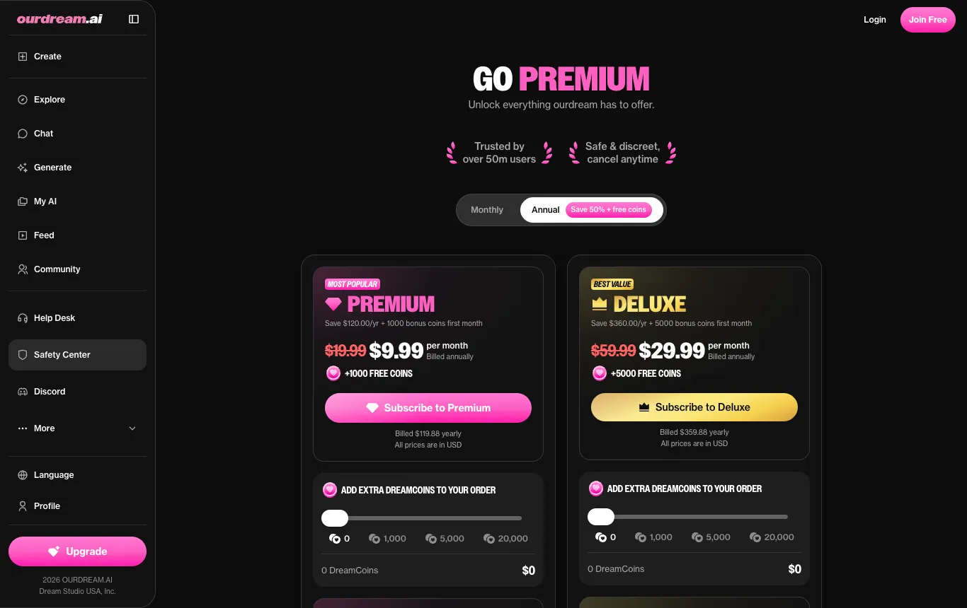 Captura de la página oficial de precios de OurDream AI, tomada el 8 de octubre de 2026