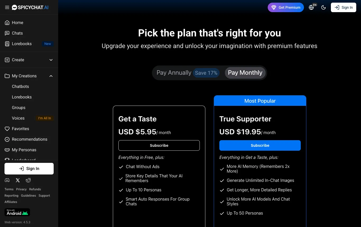 Captura de la página oficial de precios de SpicyChat, tomada el 8 de octubre de 2026